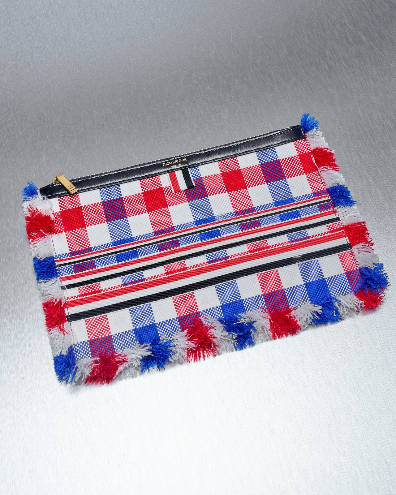 Thom Browne Woven check frayed clutch