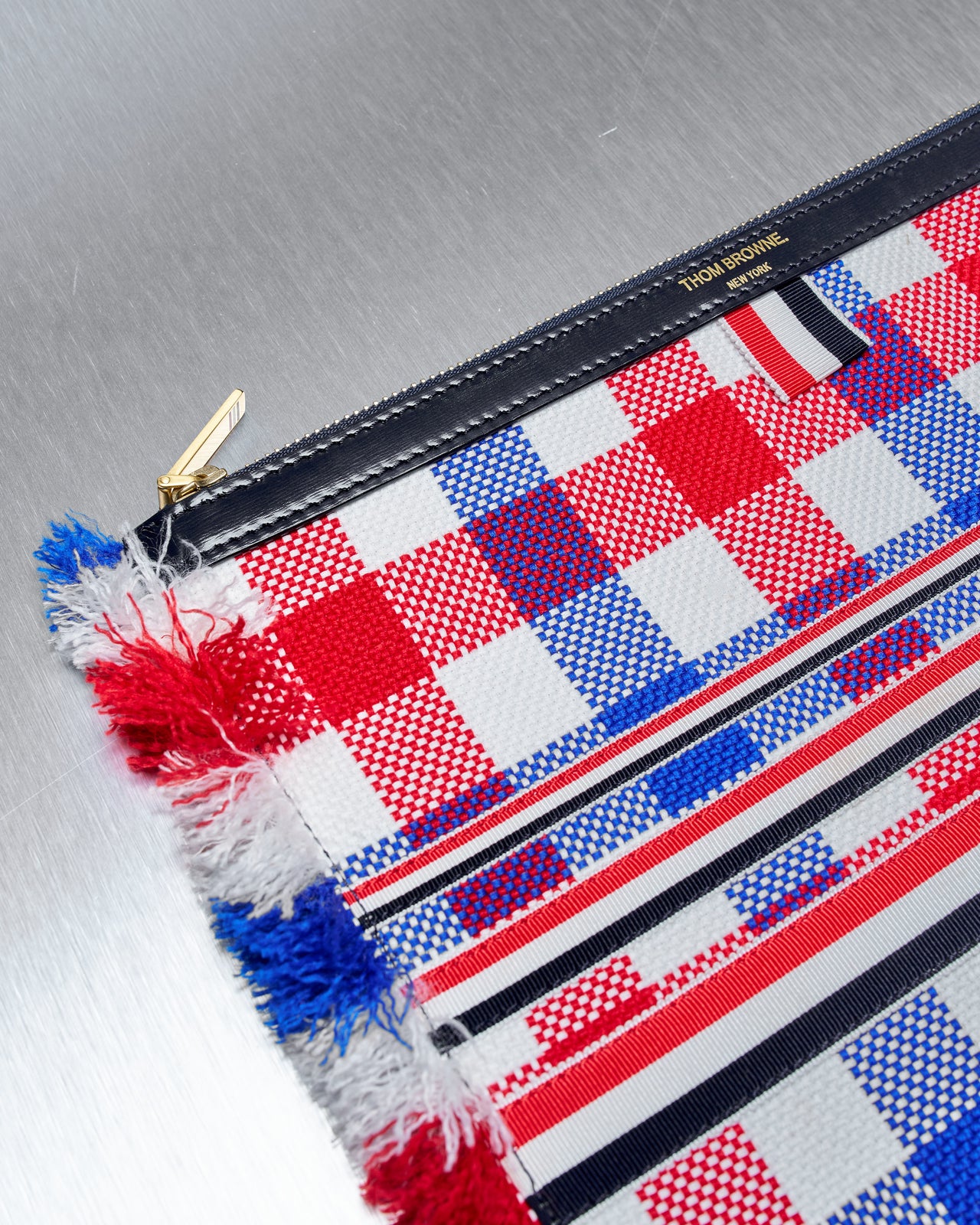 Thom Browne Woven check frayed clutch